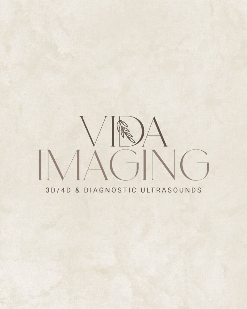 After Vida Imaging Logo ida Imaging logo with botanical leaf icon and the tagline "3D/4D & Diagnostic Ultrasounds" displayed on a warm textured beige background.