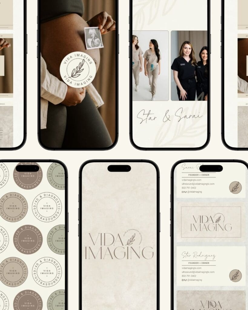 Vida Imaging On Phones Vida Imaging brand identity displayed across smartphone mockups featuring Instagram posts, Stories, logo variations, and branded business cards in warm neutral tones.