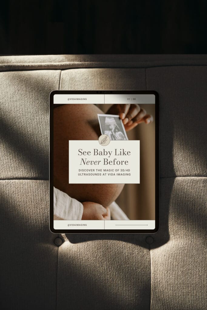 Vida Imaging Instagram Post Mockup Tablet displaying a Vida Imaging Instagram Post promoting 3D/4D ultrasound services, styled on a textured bench with warm natural lighting.